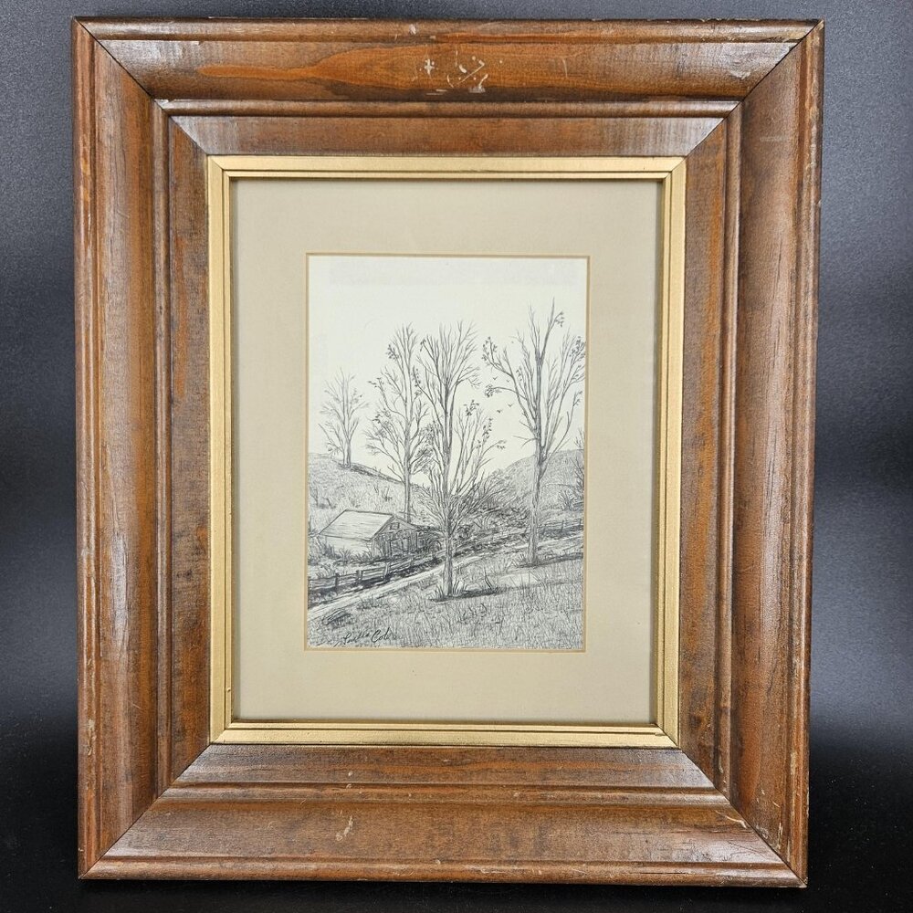 Vintage Lucille Cole Rural Landscape Drawing Framed Art Trees Cabin Signed 14x12